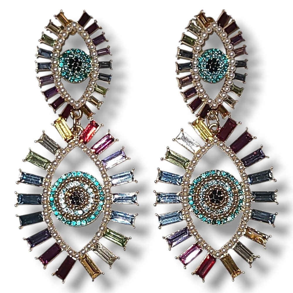 Sugarfix Eye Dangle Earrings Colorful Rhinestone Statement Gold Tone Boho